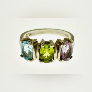 Sterling Silver Ring Blue Topaz Peridot and Amethyst Stones